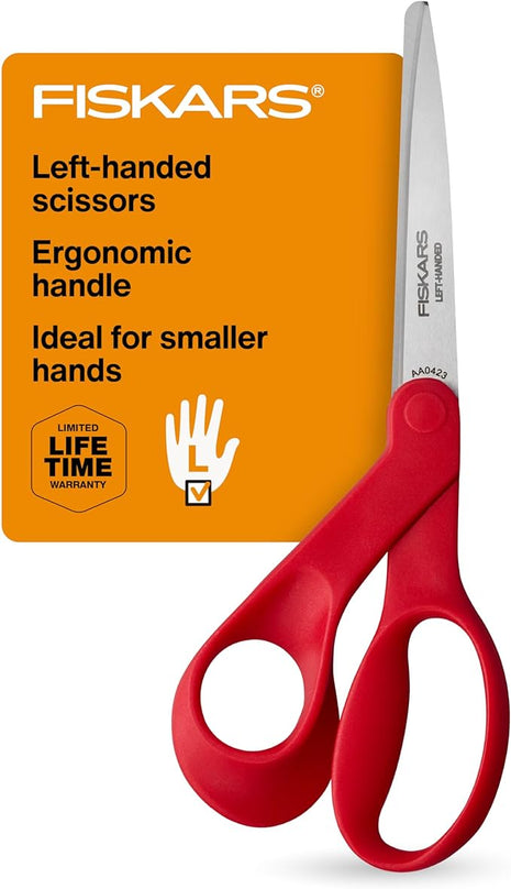 Fiskars Petite Left Handed Scissors, Crafting and Sewing Stainless Steel Scissors for Smaller Hands, Ergonomic Handle, Paper and Fabric Supplies for Office, Arts, and Crafts, Red
