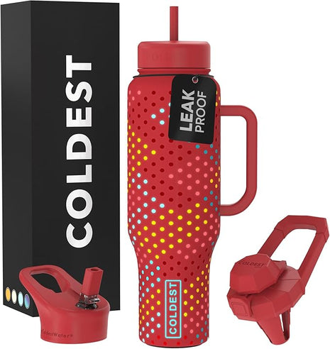 Coldest Tumbler with Handle and Straw - 100% Leak Proof Insulated Tumbler with Lid and Straw (3 Lids) - Stainless Steel Tumblers for Women & Men - Cup Holder Friendly Base, 46 oz (Ember Glowie)