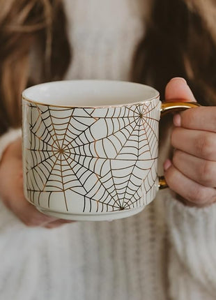 Sweet Water Decor Gold Spiderwebs Mug, 14oz Fine Bone China Coffee Cup with Gold Handle, Cute Halloween Decorations for Home, Spider Web Mug Fall Seasonal Decor, Spooky Season Gifts for Women