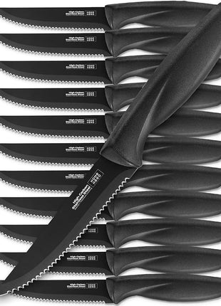Home Hero Steak Knives Set of 12 - High-Carbon Stainless Steel Blades - Razor-Sharp Serrated Knives - Black Ergonomic Handles - 12 Pcs, Black
