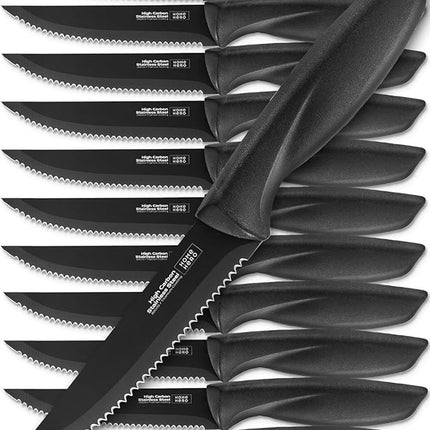 Home Hero Steak Knives Set of 12 - High-Carbon Stainless Steel Blades - Razor-Sharp Serrated Knives - Black Ergonomic Handles - 12 Pcs, Black