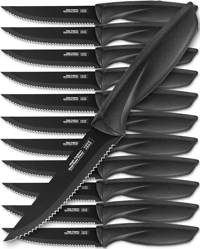 Home Hero Steak Knives Set of 12 - High-Carbon Stainless Steel Blades - Razor-Sharp Serrated Knives - Black Ergonomic Handles - 12 Pcs, Black