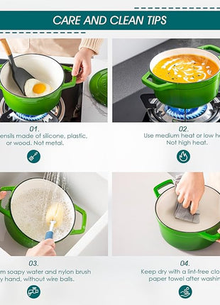 vancasso Enameled Cast Iron Dutch Oven, 2.5 QT Green Naturally Non-Stick Casserole Dish Cookware, with Stainless Steel Knob Lid Cast Iron Casserole for Steam Braise Bake Broil Saute Simmer Roast