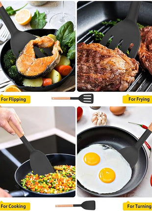 Pack of 2 Silicone Cooking Spatula, Heat Resistant Solid Turner, Non Stick Slotted Spatulas with Wooden Short Handle,Ideal Wood Kitchen Utensils Set for Frying, Baking, Flipping, Turning