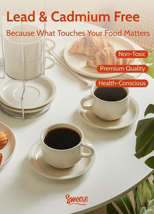 Sweese Porcelain Cappuccino Cups Set - 8 oz Stackable Coffee Mugs with Saucers, Metal Stand, Dove Grey, Set of 4