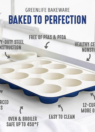 GreenLife 12-Cup Muffin Pan, PFAS-Free Healthy Nonstick Baking Tray, 11.4" x 1.9" x 15.9", Durable Ceramic Bakeware, Cupcakes, Egg Bites, Tarts, Brownies, Blue