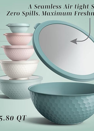 COOK WITH COLOR Mixing Bowls with Lids - 12 Piece Plastic Nesting Bowls Set includes 6 Prep Bowls and 6 Lids, Non Slip Bottom and Embossed Design - Microwave Safe (Teal)