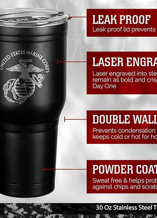 Military Gift Shop USMC 30 oz Coffee Travel Mug | Double Wall Vacuum Insulated Coffee Tumbler | Stainless Steel Coffee Mug With Lid & Straw USMC 30oz Tumbler