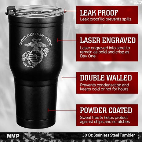 Military Gift Shop USMC 30 oz Coffee Travel Mug | Double Wall Vacuum Insulated Coffee Tumbler | Stainless Steel Coffee Mug With Lid & Straw USMC 30oz Tumbler