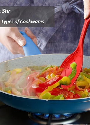 Large Silicone Cooking Spoon, Non-Stick Solid Spoon set with Deep Bolw and Measurement Mark for Mixing, Serving, Draining, Scooping, Scraping, Heat Resistant Kitchen Utensils, Red