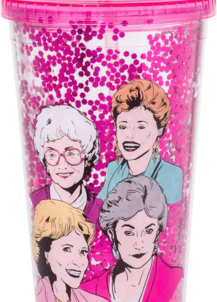 Silver Buffalo The Golden Girls Featuring Blanche, Sophia, Dorothy, and Rose Plastic Confetti Cold Cup with Lid and Straw, 32 Ounces