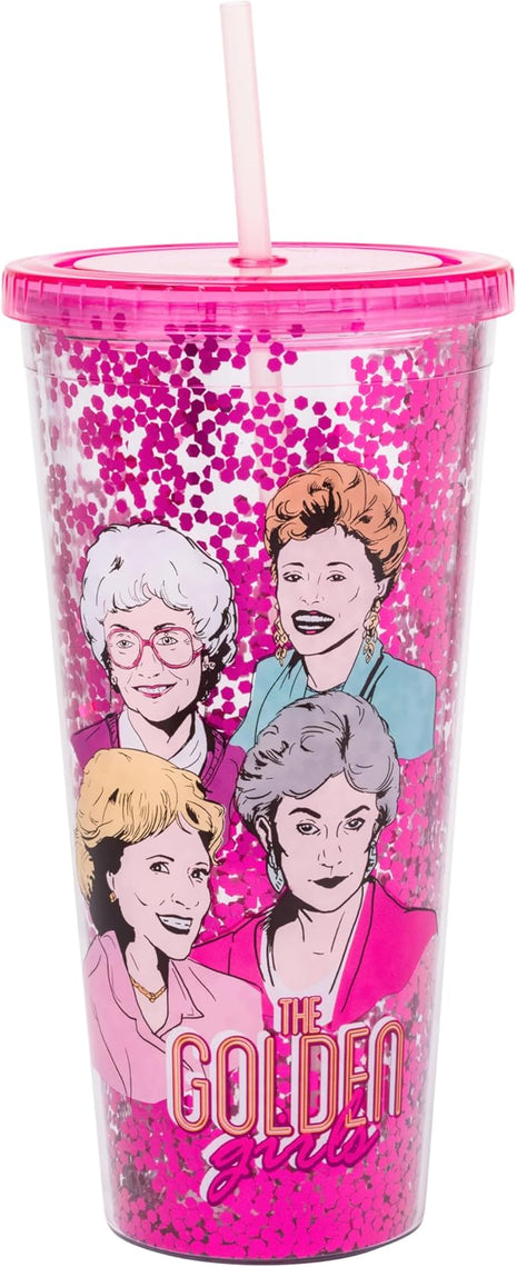 Silver Buffalo The Golden Girls Featuring Blanche, Sophia, Dorothy, and Rose Plastic Confetti Cold Cup with Lid and Straw, 32 Ounces
