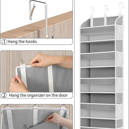 1 Pack Over The Door Storage Organizer with 5 Pockets 10 Mesh Side Pockets, 44 lbs Weight Capacity Door Hanging Organizers and Storage for Bedroom,Bathroom,Nursery,Pantry,Dorm(Light Gray)