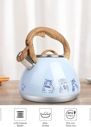 Tea Kettle, Toptier Teapot Whistling Kettle with Wood Pattern Handle Loud Whistle, Food Grade Stainless Steel Tea Pot for Stovetops Induction Water Kettle, 2.7-Quart Blue Cat