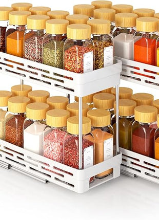 Pull Out Spice Rack Organizer for Cabinet, 2 Pack Slide Out Spice Racks Organizer, Spice Cabinet Organizers, Cabinet Size Need:12'' Highx11'' Deepx5'' Wide,Hold 10 Spice Jar Each Tier-2Tier, White