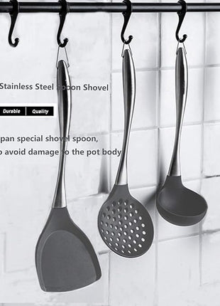 Silicone Stainless Steel Kitchen Utensils Set, 3-Pieces Flexible Silicone Head Cooking Utensil with Wok Spatula, Ladle, Slotted Spoon (Grey)