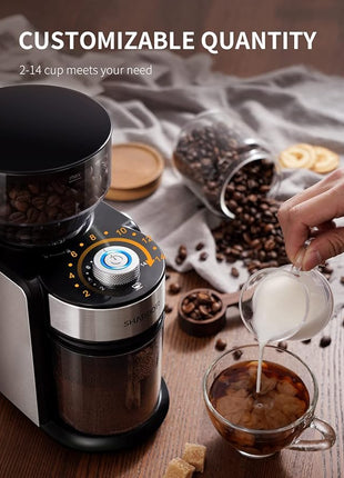 SHARDOR Burr Coffee Bean Grinder Electric, Adjustable Burr Mill with 16 Precise Grind Setting for 2-14 Cup, Silver