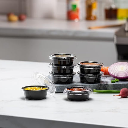(1.5 oz - 100 Sets) Black Diposable Plastic Portion Cups With Lids, Small Mini Containers For Portion Controll, Jello Shots, Meal Prep, Sauce Cups, Slime, Condiments Disposable Souffle Cups