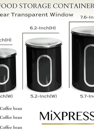 Mixpresso 3-Piece Black Canisters Sets For The Kitchen, Airtight Canister Set With See Through Window, Storage Jars for Coffee Container, Tea Organizer & Sugar Canister, Black Kitchen Canisters