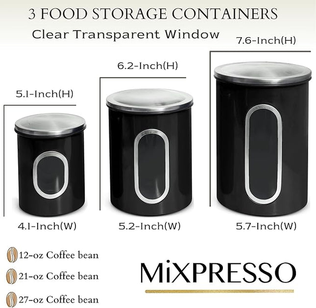 Mixpresso 3-Piece Black Canisters Sets For The Kitchen, Airtight Canister Set With See Through Window, Storage Jars for Coffee Container, Tea Organizer & Sugar Canister, Black Kitchen Canisters