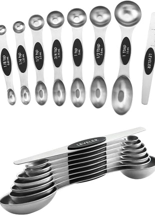 Spring Chef Stainless Steel Magnetic Measuring Spoons Set of 8 with Leveler, Dual Sided Metal Teaspoon & Tablespoon Measuring Spoons, Nesting Kitchen Gadgets for Baking & Cooking - 2 Pack - Black