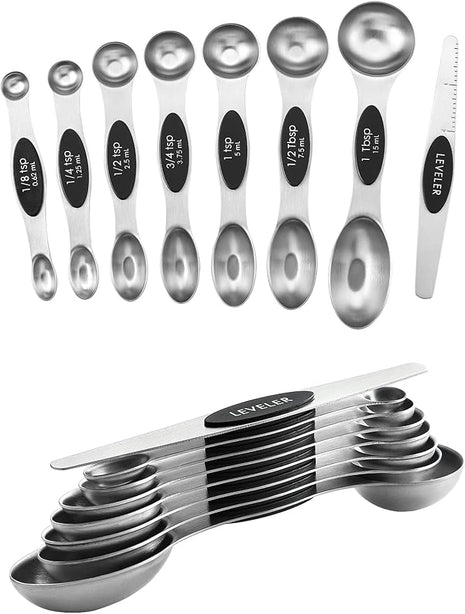 Spring Chef Stainless Steel Magnetic Measuring Spoons Set of 8 with Leveler, Dual Sided Metal Teaspoon & Tablespoon Measuring Spoons, Nesting Kitchen Gadgets for Baking & Cooking - 2 Pack - Black