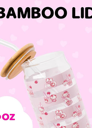 Silver Buffalo Sanrio Hello Kitty Strawberry Milk Pink Glass Jar Tumbler with Bamboo Lid and Glass Straw, 16 Ounces