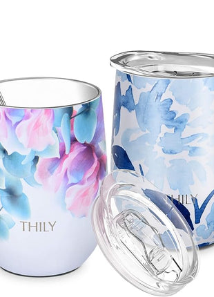 THILY Vacuum Insulated Stemless Wine Tumbler 12 oz Stainless Steel Wine Glass with Lid and Straw, Keep Drinks Cold or Hot, Christmas Birthday Gift, 2 Pack(Pink Lilies + Blue Maple)