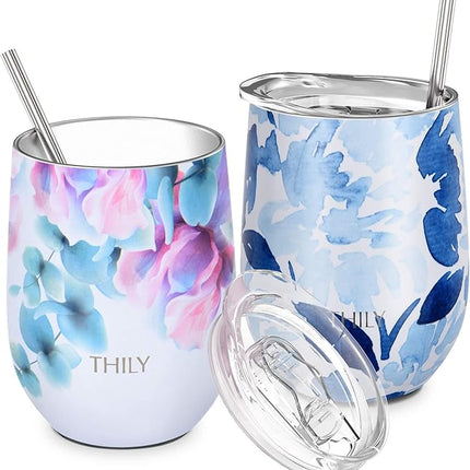 THILY Vacuum Insulated Stemless Wine Tumbler 12 oz Stainless Steel Wine Glass with Lid and Straw, Keep Drinks Cold or Hot, Christmas Birthday Gift, 2 Pack(Pink Lilies + Blue Maple)