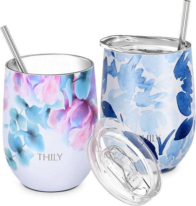 THILY Vacuum Insulated Stemless Wine Tumbler 12 oz Stainless Steel Wine Glass with Lid and Straw, Keep Drinks Cold or Hot, Christmas Birthday Gift, 2 Pack(Pink Lilies + Blue Maple)