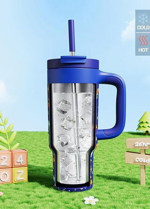 24 oz Stainless Steel Tumbler for Children: Durable Handle, Easy to Clean, Straw Gulp Lid, Car Cup Holder Friendly, Insulated Cup for Sport, Hiking, Carry, Adventures, Bag, Classroom (Space Rocket)