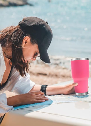 Toopify 30 oz Stainless Steel Insulated Tumbler Travel Mug with Straw Slider Lid, Cleaning Brush, Double Wall Vacuum (Hot Pink)