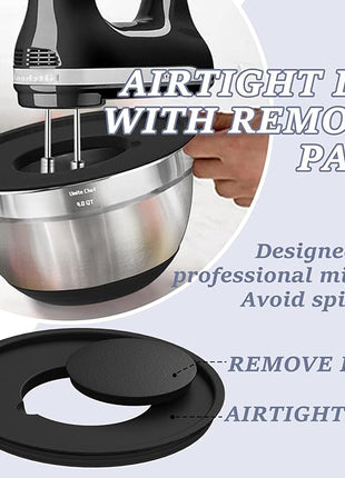 Umite Chef Mixing Bowls with Airtight Lids, 8PCS Stainless Steel Nesting Mixing Bowls Set, 3 Grater Attachments & Non-Slip Bottoms, Black Kitchen Bowls, Size 5, 4, 3.5, 2, 1.5QT for Baking & Serving