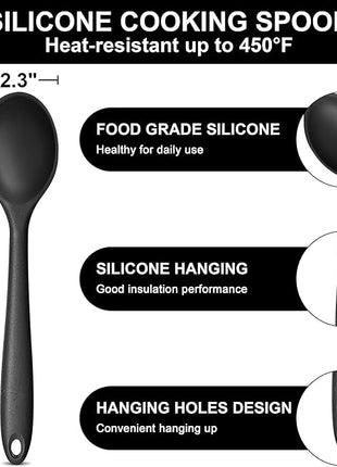 E-far Silicone Cooking Spoon Set of 2, Heat Resistant Kitchen Spoons Utensils Nonstick Mixing Spoon for Baking Stirring Serving, Non-Toxic & Dishwasher Safe (Black)