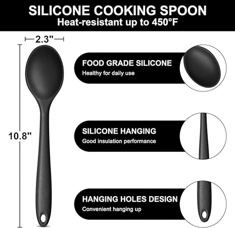 E-far Silicone Cooking Spoon Set of 2, Heat Resistant Kitchen Spoons Utensils Nonstick Mixing Spoon for Baking Stirring Serving, Non-Toxic & Dishwasher Safe (Black)