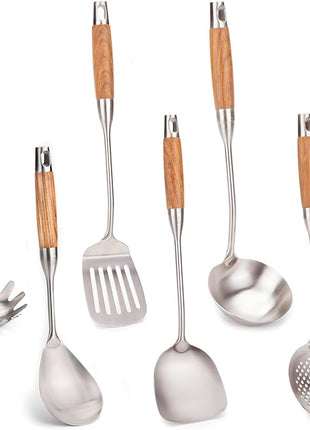 FJNATINH Wok Utensils for Carbon Steel, Stainless Steel Wok Spatula Metal Set, 6-Pieces 13-15 Inch Extra Long, Wok Tools Professional Set, Wooden Handle Skimmer, Soup Ladle, Slotted Turner