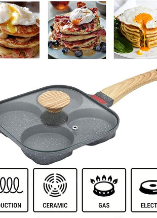 4-Cup Aluminum Nonstick Egg Pan with Lid, Suitable for Gas Stove & Induction Cookware