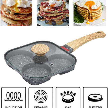 4-Cup Aluminum Nonstick Egg Pan with Lid, Suitable for Gas Stove & Induction Cookware