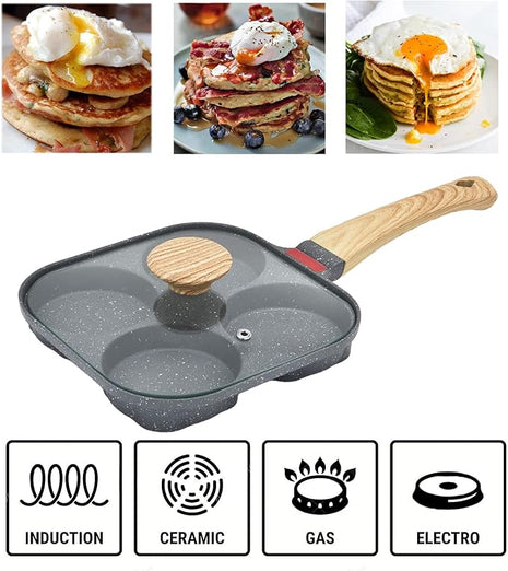 4-Cup Aluminum Nonstick Egg Pan with Lid, Suitable for Gas Stove & Induction Cookware