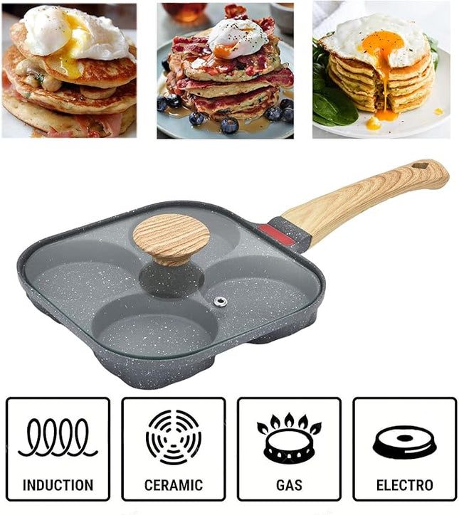 4-Cup Aluminum Nonstick Egg Pan with Lid, Suitable for Gas Stove & Induction Cookware