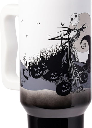 Silver Buffalo Disney Nightmare Before Christmas by Tim Burton Jack Skellington Hill and Moon Stainless Steel Tumbler with Handle and Straw, Fits in Standard Cup Holder, 40 Ounces
