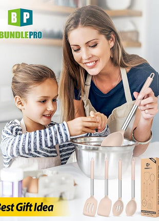 Pack of 4 Silicone Cooking Utensils Set, Non Stick Large Solid Spatulas, Heat Resistant Stainless Steel Khaki Slotted Spoons, Ideal BPA Free Kitchen Turners for Frying, Mixing,Serving,Draining,Turning