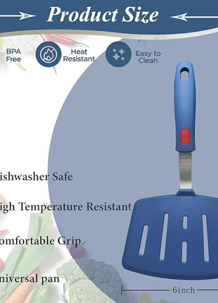 Silicone Spatula Turner, High Heat Resistant Rubber Baking Spatula, Non-Stick Slotted Wide Fish Slice Spatulas for Cooking, Large Kitchen Utensil for Pancake Omelette Egg - Hazy Blue