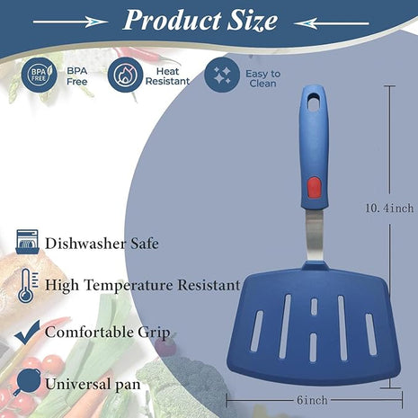Silicone Spatula Turner, High Heat Resistant Rubber Baking Spatula, Non-Stick Slotted Wide Fish Slice Spatulas for Cooking, Large Kitchen Utensil for Pancake Omelette Egg - Hazy Blue