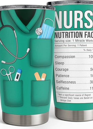 SANDJEST Nurse Tumbler Cup - Nutritional Facts Travel Coffee Mug Gift - 20oz Tumblers Nurse Gifts for Birthday, Christmas, Appreciation Week, Nursing School Graduation for Nurses, Practitioners