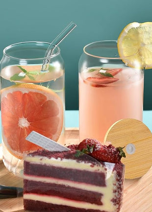 Drinking Glasses with Bamboo Lids and Glass Straw 2PCS Set, 16oz Glass Cups with Lids and Straws, Beer, Iced Coffee Glasses, Soda, Gift 1 Cleaning Brushes