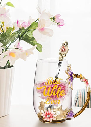 OEAGO Gifts for Wife from Husband Romantic Tea Cup Gifts for Her Birthday Flower Glass Mugs Wedding Mothers Day Christmas Anniversary