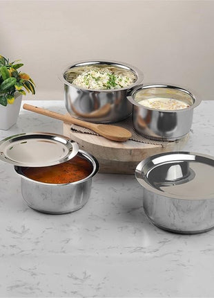 Vinod Stainless Steel 3 pc Pot Set with Capacity of 1.4 litres, 1.8 litres & 2.2 litres with Stainless Steel Lids (Gas Stove and Induction Friendly) - Silver,