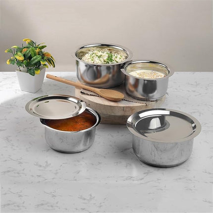 Vinod Stainless Steel 3 pc Pot Set with Capacity of 1.4 litres, 1.8 litres & 2.2 litres with Stainless Steel Lids (Gas Stove and Induction Friendly) - Silver,