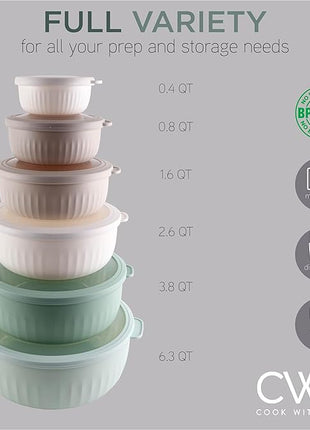 COOK WITH COLOR Prep Bowls with Lids- Wide and Deep Nesting Plastic Small Mixing Bowl Set with Lids, 12 Piece Set - Wide Bowls, Mint